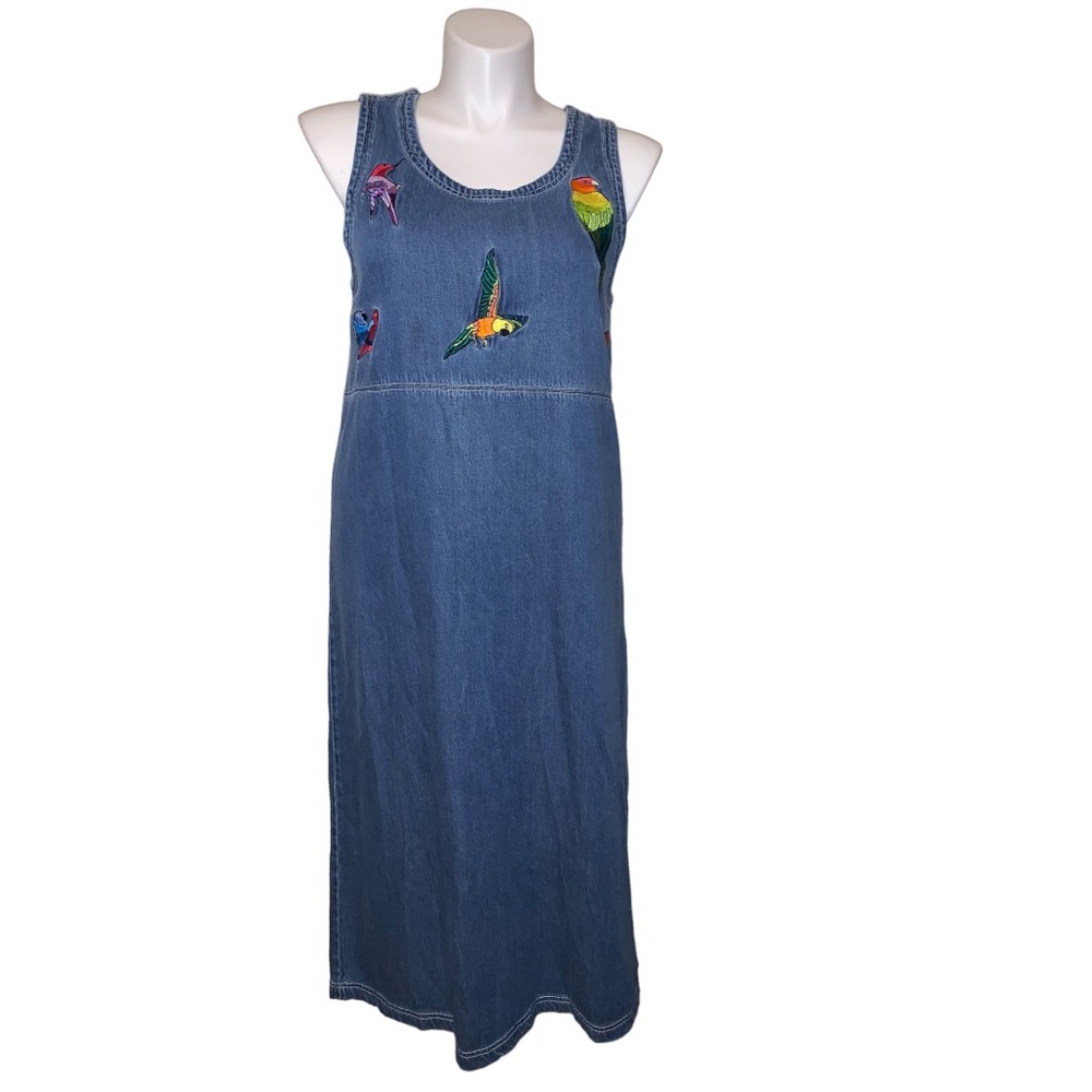 Castles Sport Denim Vtg Jumper Dress L Blue Sleeveless Parrot Embroidered Maxi